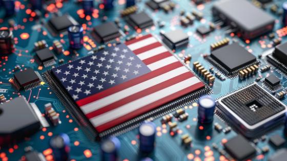 Microchip circuit on motherboard with America flag
