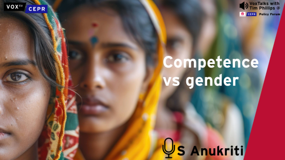 A close-up of a woman wearing a colorful traditional attire, with another woman in the background. Text on the image reads "Competence vs gender," with logos for VoxEU and CEPR, and a microphone icon with the name "S Anukriti."