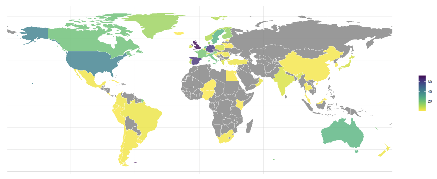 Figure 2 Geographical frequency of author affiliations